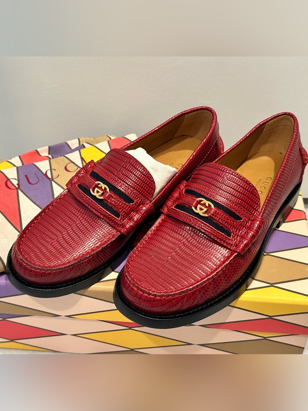 Gucci Red Textured Leather Horsebit Loafers with Navy Web